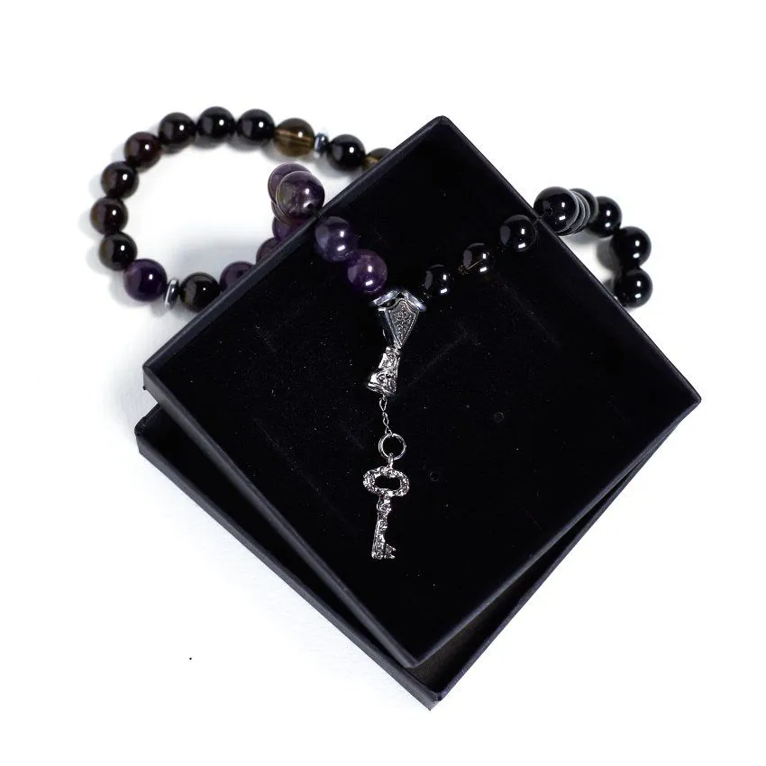 Четки "Геката" из обсидиана, раух топаза, аметиста и граната