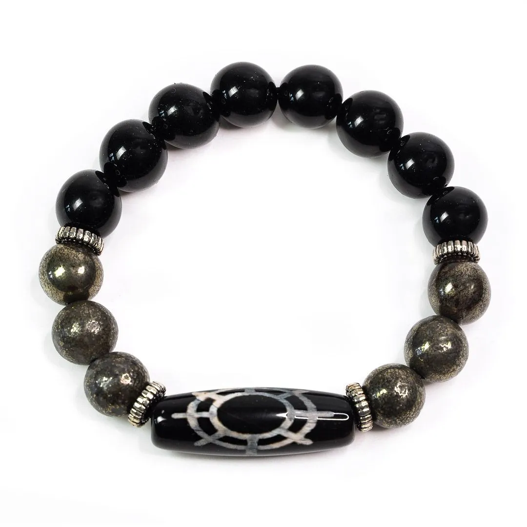 Браслет "Талисман трёх стихий" из обсидиана и пирита с бусиной Дзи