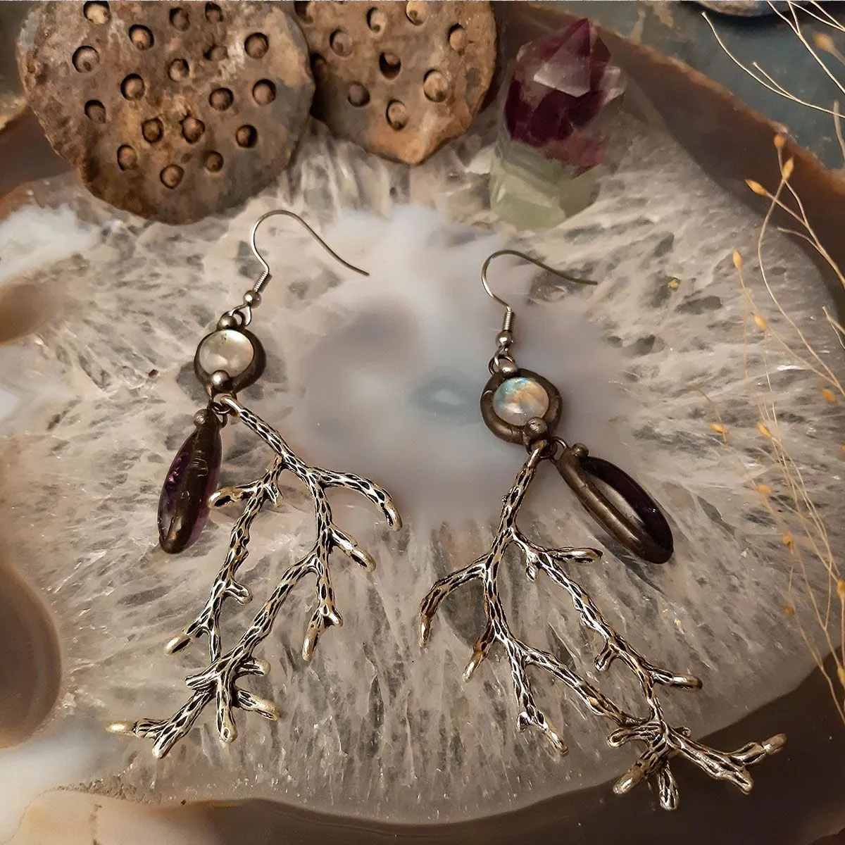 Серьги "Милость леса" с аметистами и лунными камнями