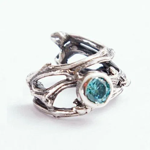 Кафф серебряный "Ветви лозы"с мятным фианитом