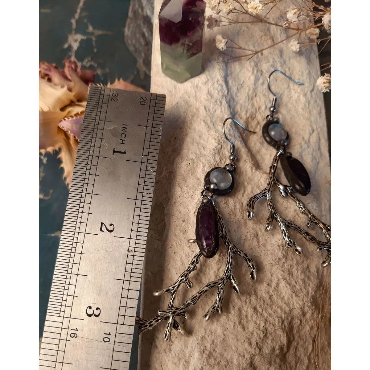 Серьги "Милость леса" с аметистами и лунными камнями