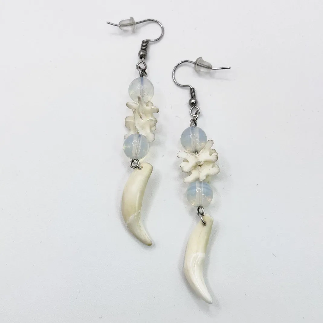 Серьги "Сила баланса" с клыками лис, позвонками ящерицы и опалитом