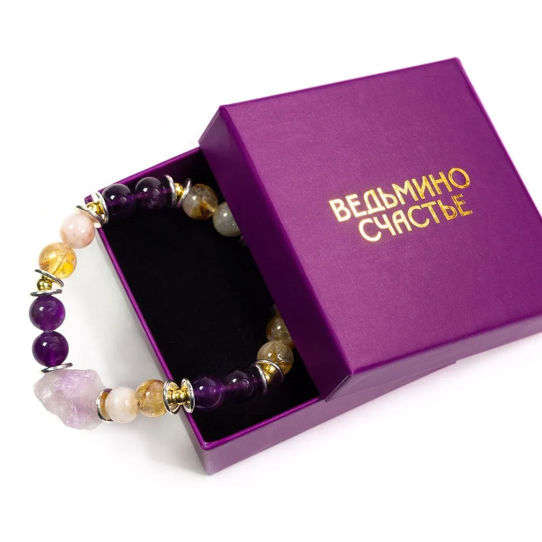 Браслет "Между рассветом и сумерками" из цитрина и аметиста с кристаллом аметиста