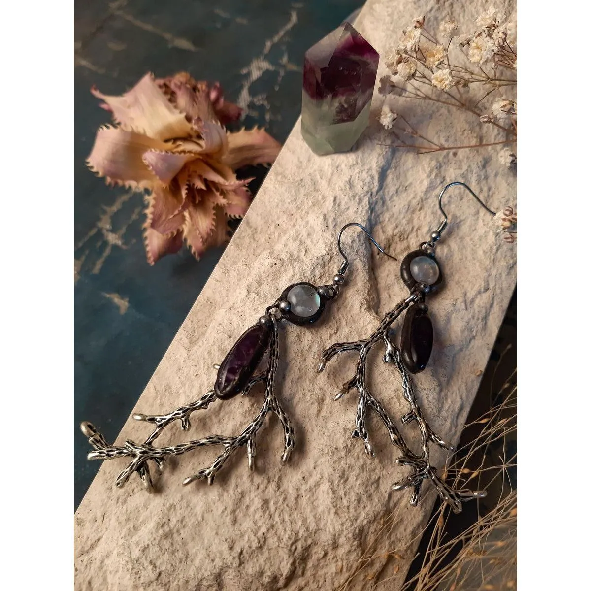 Серьги "Милость леса" с аметистами и лунными камнями
