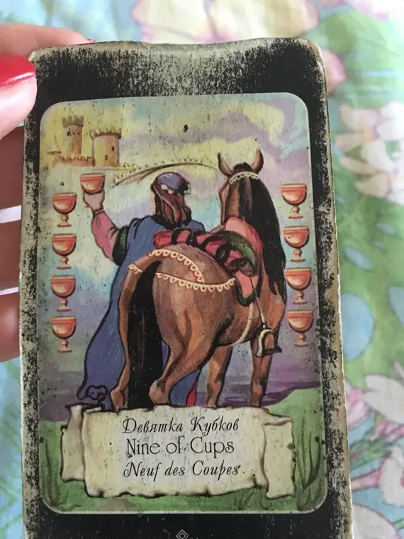 В колоде Таро «Эра Водолея» на «Девятке Кубков» изображен наездник, слезший с коня и поднимающий чашу за свои достижения