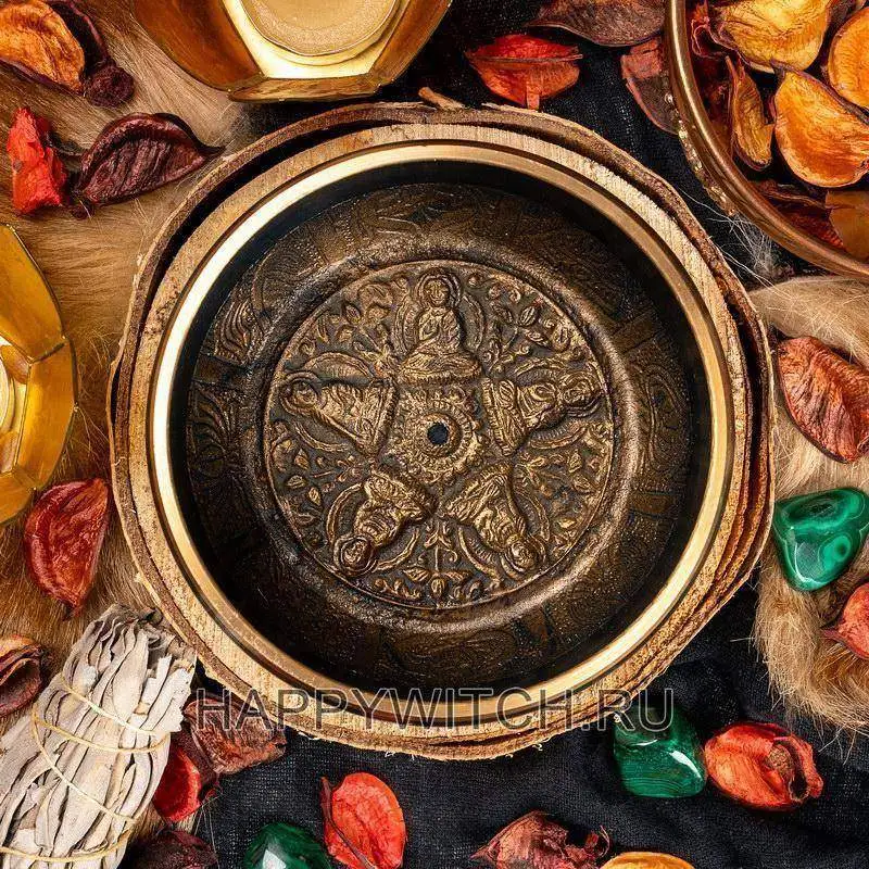 Поющая чаша тибетская "Пять Будд" черная