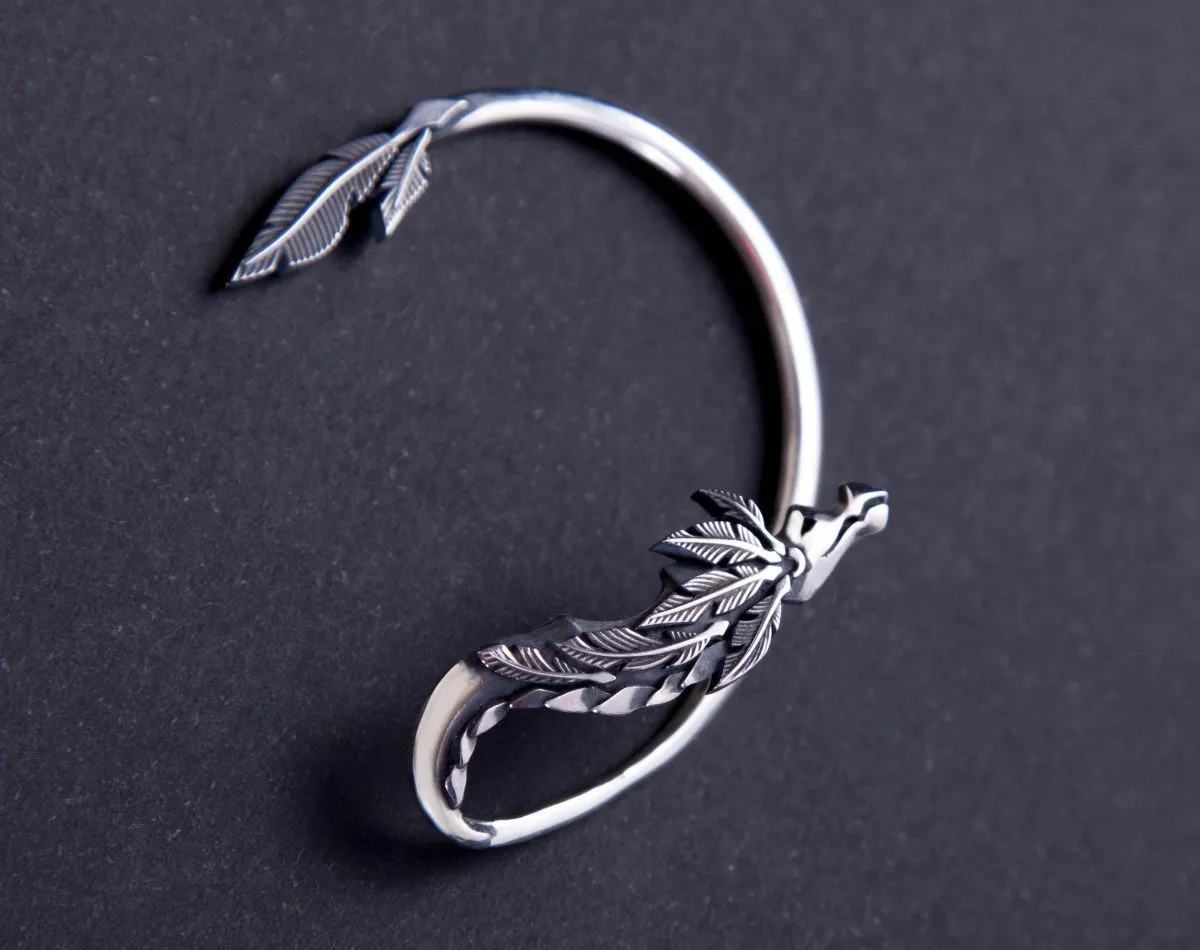 Серьга-кафф "Пернатый змей" крупная с серебрением